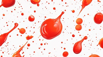 53.A seamless composition of ketchup smears and splashes in different dynamic forms, including circular drops, lines, and messy stains; the contrast between the red sauce and white background is bold.