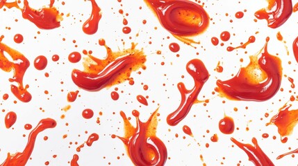 53.A seamless composition of ketchup smears and splashes in different dynamic forms, including circular drops, lines, and messy stains; the contrast between the red sauce and white background is bold.