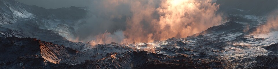 Fototapeta premium Molten sky above asteroid crater with shattered terrain and steam vents
