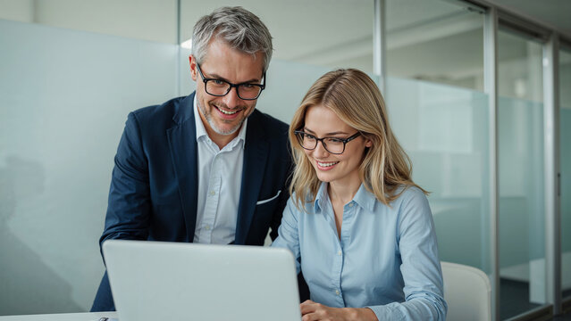 Man and woman collaborating on a laptop business office