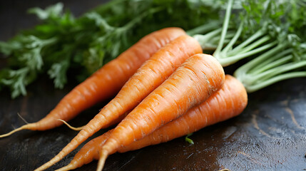 Fresh Organic Carrots with Green Tops on Rustic Wooden Surface