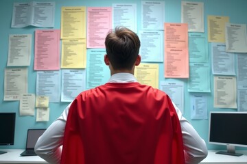 Superhero Caped Individual Surrounded by Colorful Billing Codes and Medical Jargon in Doctor's Office