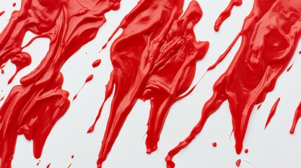 52.A visually striking arrangement of vivid red ketchup streaks, drops, and blobs spread across a white backdrop; the texture appears thick and slightly uneven, emphasizing realism.