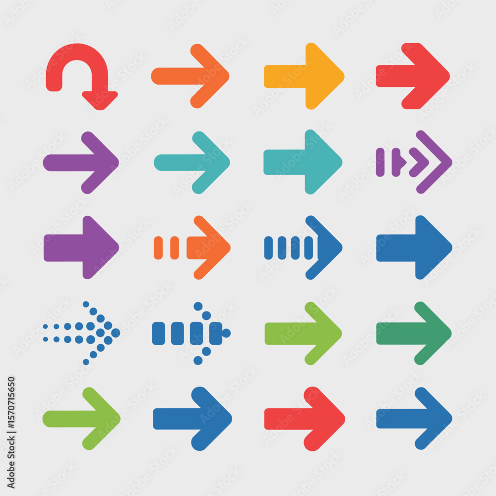 Poster collection of twenty multicolored arrow icons various styles and directions simple flat design vecto