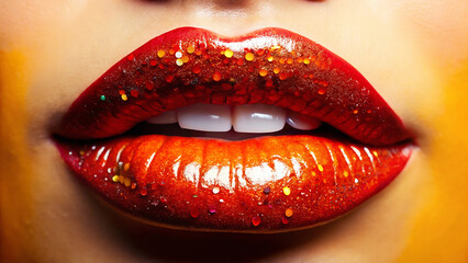 Obraz premium Close up of glossy red lips with glitter and white teeth showing a vibrant and sparkling smile