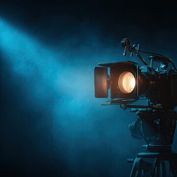 A professional film camera illuminated by a single spotlight in a smoky, dark blue studio setting