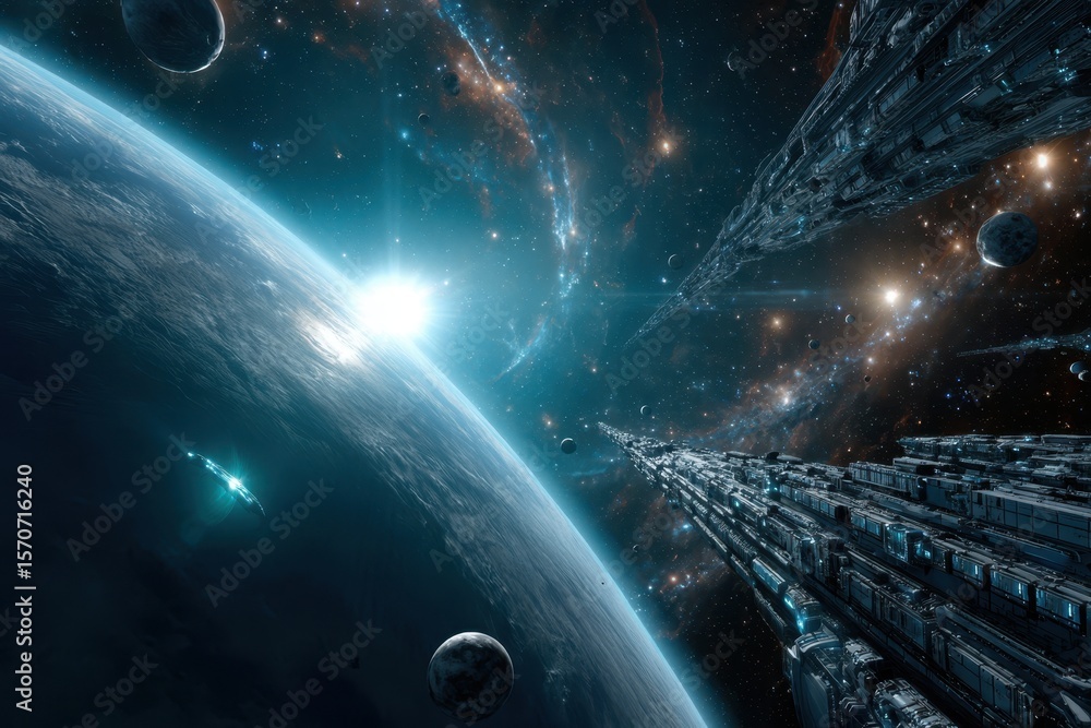 Poster exploring a distant galaxy with futuristic structures and celestial bodies