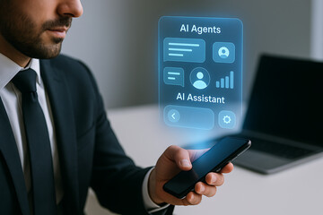 Young man using AI agents on smartphone to manage life tasks, symbolizing artificial intelligence assistance, productivity enhancement, AI agents, AI assistant, artificial intelligence, smart 

