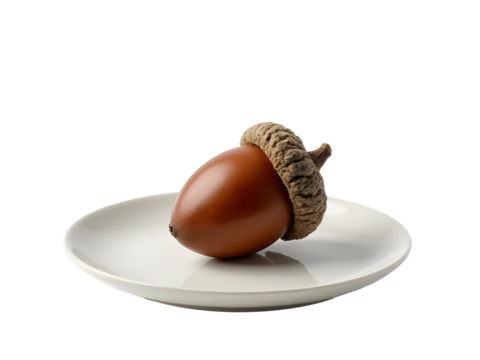 Single large brown acorn with a textured tan cap resting on a simple white plate against a pure  isolated on a transparent background