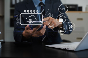 Hand touching secure access service edge icon on smartphone virtual screen background, password,...