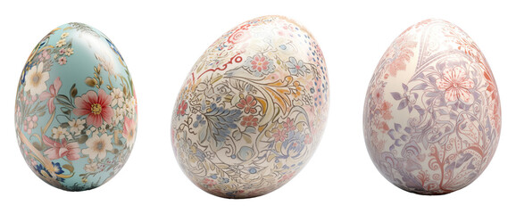 A collection of colorfully decorated Easter eggs forming intricate patterns, isolated on a transparent background. PNG