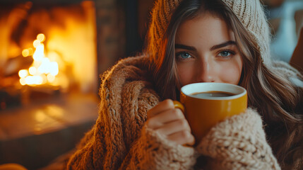 Woman holding a cup of coffee. Drink morning. A girl in a cozy house drinks a hot drink
