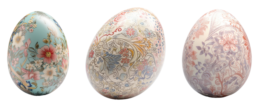 A collection of colorfully decorated Easter eggs forming intricate patterns, isolated on a transparent background. PNG - Powered by Adobe