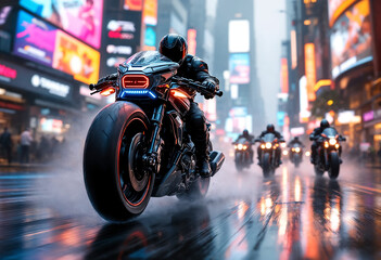 A cyberpunk bounty hunter motorcycle speeds forward at a dynamic 30-degree angle, glowing with neon lights, with smaller bikes chasing behind in the same direction.