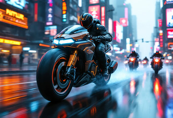 A cyberpunk bounty hunter motorcycle speeds forward at a dynamic 30-degree angle, glowing with neon lights, with smaller bikes chasing behind in the same direction.