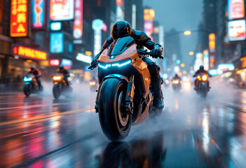 A cyberpunk bounty hunter motorcycle speeds forward at a dynamic 30-degree angle, glowing with neon lights, with smaller bikes chasing behind in the same direction.