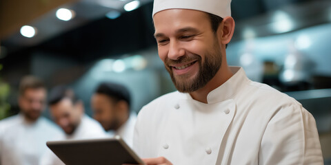 A chef is smiling while looking at a tablet. He is wearing a white hat and a white apron