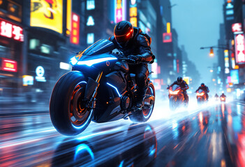 A cyberpunk bounty hunter motorcycle speeds forward at a dynamic 30-degree angle, glowing with neon lights, with smaller bikes chasing behind in the same direction.