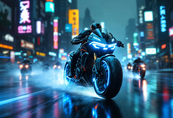 A cyberpunk bounty hunter motorcycle speeds forward at a dynamic 30-degree angle, glowing with neon lights, with smaller bikes chasing behind in the same direction.