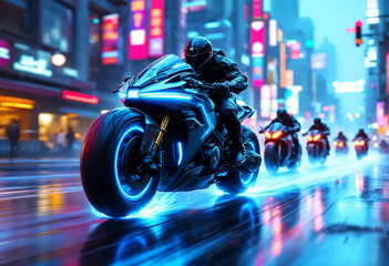 A cyberpunk bounty hunter motorcycle speeds forward at a dynamic 30-degree angle, glowing with neon lights, with smaller bikes chasing behind in the same direction.