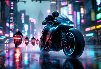 A cyberpunk bounty hunter motorcycle speeds forward at a dynamic 30-degree angle, glowing with neon lights, with smaller bikes chasing behind in the same direction.