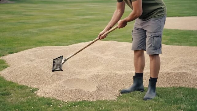 Man clearing sand trap on golf course