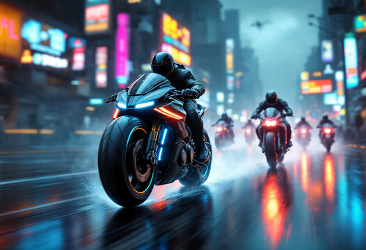 A cyberpunk bounty hunter motorcycle speeds forward at a dynamic 30-degree angle, glowing with neon lights, with smaller bikes chasing behind in the same direction.