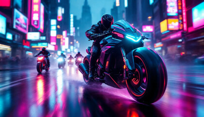 A cyberpunk bounty hunter motorcycle speeds forward at a dynamic 30-degree angle, glowing with neon lights, with smaller bikes chasing behind in the same direction.