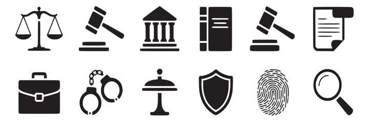 Law and justice icon set vector illustration legal system court symbols gavel scales handcuffs and more on transparent background