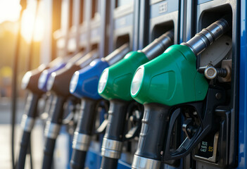 Closeup view of multiple colorful fuel nozzles arranged neatly at a gas station during sunset light