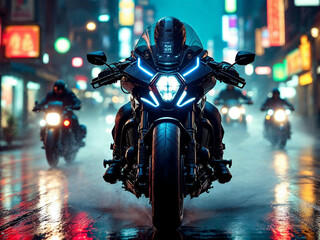 A cyberpunk bounty hunter motorcycle speeds forward at a dynamic 30-degree angle, glowing with neon lights, with smaller bikes chasing behind in the same direction.