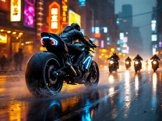 A cyberpunk bounty hunter motorcycle speeds forward at a dynamic 30-degree angle, glowing with neon lights, with smaller bikes chasing behind in the same direction.