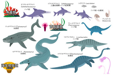 恐竜達のサイズ別海生爬虫類、魚竜類、首長竜類のセット　モササウルスなどの尾鰭の修正版
