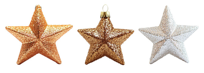 Set of golden Christmas star and starfish decorations sparkle, perfect for festive holiday trees, isolated on transparent background. PNG