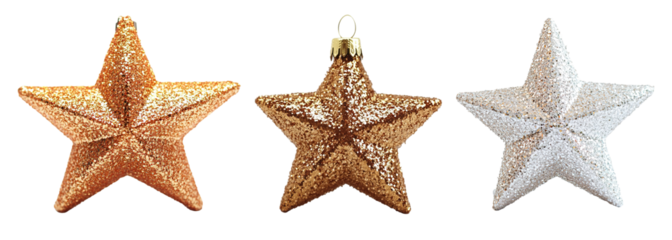 Set of golden Christmas star and starfish decorations sparkle, perfect for festive holiday trees, isolated on transparent background. PNG