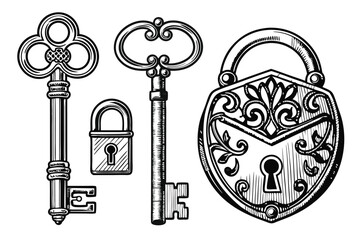  antique, vintage, intricate, ornate, detailed, black and white, vector illustration, keys, locks, padlocks, design elements, ornamental patterns, metal textures