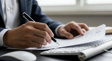 Fototapeta premium Businessman signing a contract document at his desk with keyboard and mouse