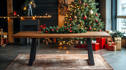 Wood dining table with copy space and christmas tree in the background