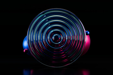 Abstract 3D glass design with pink and blue concentric circles on a dark background