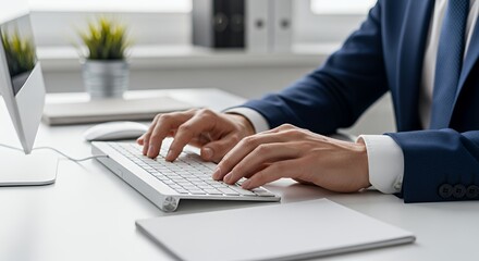 Businessman Typing on Keyboard at Desk in Office Setting