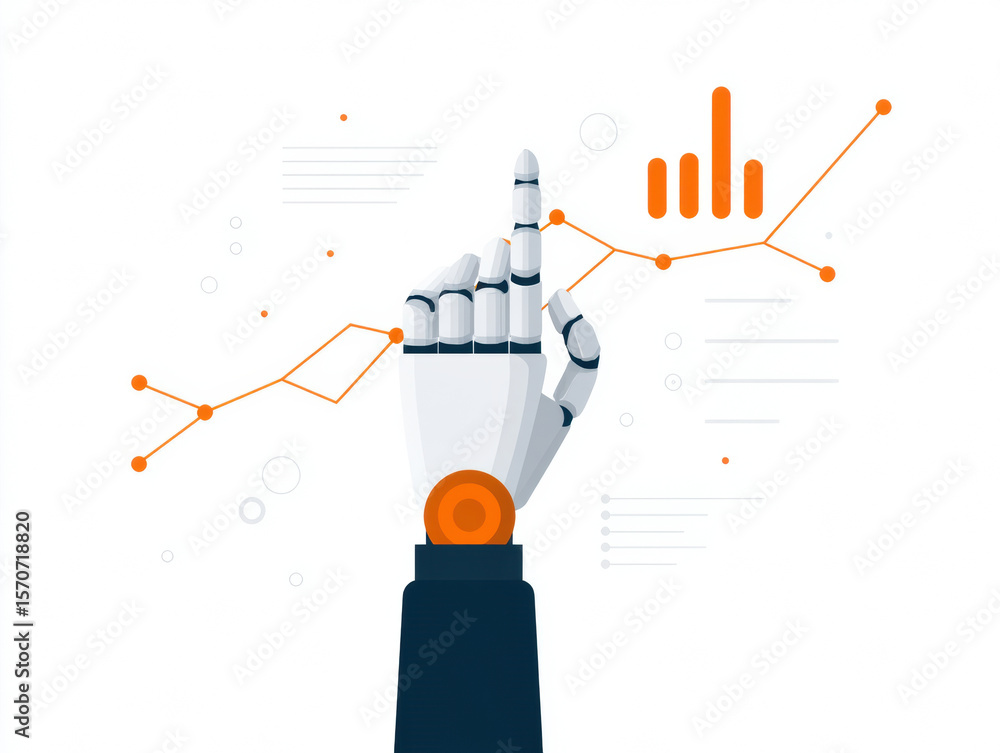Poster robotic hand points upward, interacting with a rising graph, symbolizing technology's role in data a