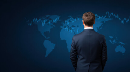 businessman in a suit views a digital world map with fluctuating financial data and stock market graphs on a dark blue background.
