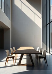 Fototapeta premium Minimalist dining table Empty room interior design architecture blank design room striking structures clean lines geometric shapes dramatic angles play of light and shadow capturing architec