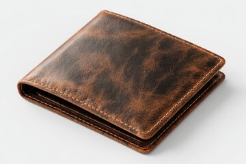A rustic, brown leather bi-fold wallet with subtle stitching details, photographed against a clean white backdrop, showcasing its aged, distressed texture