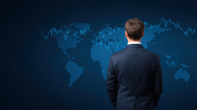  businessman in a suit views a digital world map with fluctuating financial data and stock market graphs on a dark blue background.