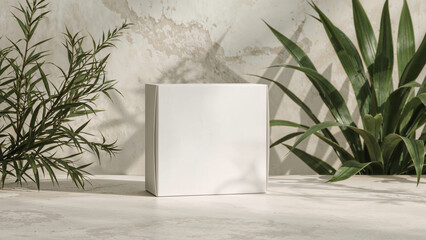 White box surrounded by lush green plants and dappled light product mockup packaging