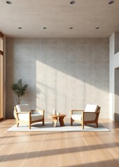 Fototapeta premium Home and decor and modern minimal white living room interior design and wooden arm chairs and concrete wall and wood floor background 3d rendering Empty room interior design Ultra realistic Photor