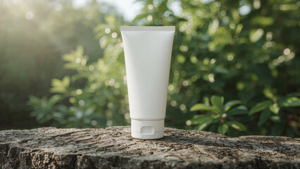 White cosmetic tube on textured wood with green foliage background white tube cosmetic product
