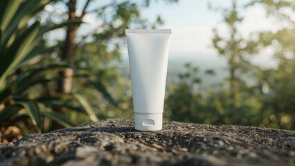 White cosmetic tube on textured rock with blurred green foliage background white tube