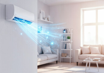 Modern Air Conditioner Unit with Cooling Airflow Effect in Bright Living Room